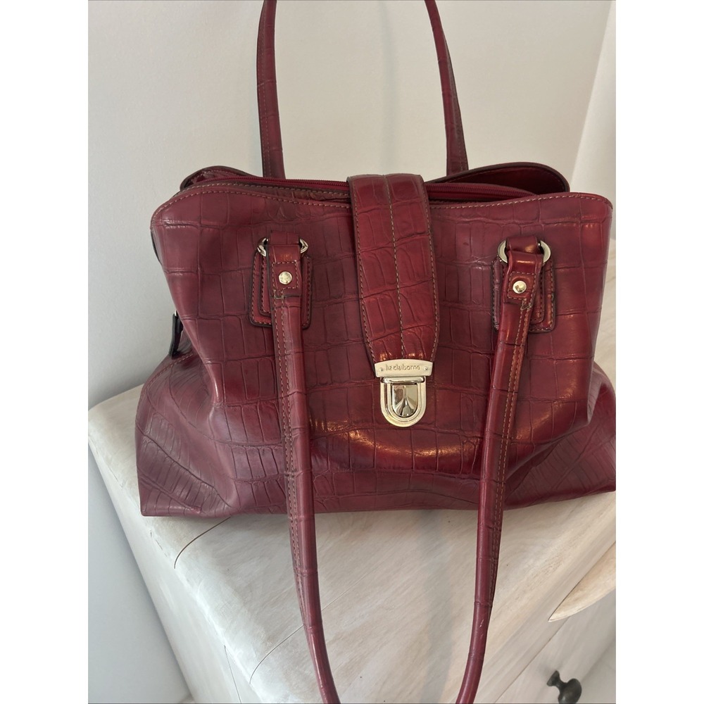 Liz Claiborne Handbag Red Wine Burgundy Faux Leather Alligator Gold Hardware